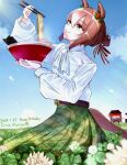  1girl absurdres animal_ears belt birthday bowl brown_hair casual character_name chopsticks clover_hair_ornament dated fine_motion_(umamusume) food food_stand from_side green_eyes green_skirt hair_between_eyes hair_bun hair_ornament highres holding holding_bowl holding_chopsticks horse_ears horse_girl horse_tail long_hair long_skirt long_sleeves looking_up melon_atatame multicolored_hair noodles pleated_skirt ramen shirt sidelocks single_hair_bun skirt smile solo tail two-tone_hair umamusume white_hair white_shirt yatai 