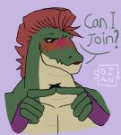  2022 alligator alligatorid animatronic anthro bashful blush clothing crocodilian dialogue dian digital_drawing_(artwork) digital_media_(artwork) fingerless_gloves fingers five_nights_at_freddy&#039;s five_nights_at_freddy&#039;s:_security_breach gloves green_body hair handwear hi_res looking_away machine male markings mohawk montgomery_gator_(fnaf) question red_eyes reptile robot scalie scottgames signature solo text uwu video_games 