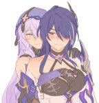  2girls acheron_(honkai:_star_rail) bare_shoulders black_choker black_gloves black_swan_(honkai:_star_rail) blush breasts choker commentary_request gloves halterneck highres honkai:_star_rail honkai_(series) large_breasts long_hair looking_at_another multiple_girls purple_eyes purple_hair simple_background smile upper_body veil very_long_hair white_background yurenn yuri 