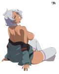  1girl :d ahoge aqua_eyes breasts choker dark-skinned_female dark_skin dated from_behind full_body grey_hair grey_jacket grey_thighhighs grin gundam gundam_suisei_no_majo highres inverted_nipples jacket large_breasts long_sleeves looking_at_viewer looking_back nipples no_shoes open_clothes open_jacket parted_lips secelia_dote short_hair simple_background sitting smile solo thighhighs topless white_background white_choker yu-ta 