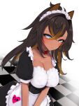 1girl alternate_costume animal_ear_fluff apron black_dress black_hair blue_eyes blush breasts brown_hair checkered_floor cleavage closed_mouth collar dark-skinned_female dark_skin dehya_(genshin_impact) dress enmaided frilled_apron frills genshin_impact heart highres large_breasts long_hair looking_at_viewer maid maid_headdress multicolored_hair rocha_(aloha_ro_cha) short_sleeves simple_background solo two-tone_hair v_arms white_apron white_background 