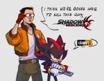  2boys absurdres belt black_hair brown_belt catrage_miau character_request english_text furry furry_male glasses gloves green_pants gun highres holding holding_gun holding_weapon i_think_we&#039;re_gonna_have_to_kill_this_guy_steven_(meme) jacket logo meme multiple_boys open_clothes open_jacket orange_jacket pants red_eyes red_gloves round_eyewear shadow_the_hedgehog shadow_the_hedgehog_(game) shirt short_hair simple_background sonic_(series) weapon white_background white_gloves white_shirt 