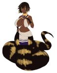 2019 apode big_breasts black_body black_hair black_scales black_sclera blonde_highlights breasts dark_body dark_skin digital_media_(artwork) draconcopode female full-length_portrait gold_(metal) gold_jewelry gold_necklace hair hand_on_own_breast hi_res highlights_(coloring) humanoid humanoid_pointy_ears jewelry lamia legless multicolored_hair navel necklace portrait reptile rofortyseven scales scalie serpentine short_hair simple_background smile snake solo split_form two_tone_hair white_background yellow_body yellow_eyes yellow_scales