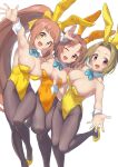  3girls :d ;d absurdres animal_ears armpits arukiru bare_shoulders black_pantyhose bow breasts brown_hair cleavage detached_collar fake_animal_ears hair_bow highleg highleg_leotard highres idolmaster idolmaster_cinderella_girls large_breasts leotard long_hair manabe_itsuki multiple_girls one_eye_closed open_mouth orange_leotard pantyhose playboy_bunny rabbit_ears red_eyes red_hair saito_yoko short_hair simple_background smile wakabayashi_tomoka white_background yellow_bow yellow_leotard 