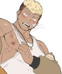  1boy bara bare_pectorals blonde_hair blush bruise cigarette clothes_pull from_below gondom highres injury jewelry looking_at_viewer male_focus multicolored_hair muscular muscular_male necklace nipples original pectorals presenting_sidepec shirt_pull short_hair smoking solo sweat tank_top thick_eyebrows two-tone_hair undercut upper_body 