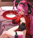  1girl absurdres antenna_hair azur_lane black_horns braid breasts cha_siu_bao china_dress chinese_clothes chinese_text crossed_legs cum cup dress hair_on_horn heart heart-shaped_pupils highres holding holding_cup holster horns huge_horns large_horns long_hair long_horns mechanical_horns multicolored_horns on_bed pelvic_curtain prinz_rupprecht_(azur_lane) prinz_rupprecht_(the_gate_dragon_advent)_(azur_lane) saliva_drip shrug_(clothing) sitting sleeves_past_fingers sleeves_past_wrists small_breasts symbol-shaped_pupils thigh_holster tongue tongue_out twin_braids two-tone_horns 
