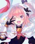  1boy astolfo_(fate) black_bow black_thighhighs bow braid cape fang fate/grand_order fate_(series) fur-trimmed_cape fur_trim garter_straps gauntlets hair_bow hair_intakes long_hair male_focus multicolored_hair one_eye_closed open_mouth otoko_no_ko pink_hair purple_eyes rapueru simple_background smile solo sparkle streaked_hair thighhighs v v_over_eye white_background white_cape white_hair 