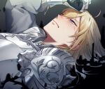  13_(bbr584607091) 1boy armor biting_own_lip black_gloves blonde_hair blue_eyes breastplate crying crying_with_eyes_open gauntlets gloves grey_background grey_shirt hair_between_eyes hand_up highres knight_of_the_dawn_(twisted_wonderland) liquid long_hair long_sleeves lying male_focus on_back pauldrons shirt shoulder_armor single_pauldron solo spoilers tears twisted_wonderland upper_body white_armor 