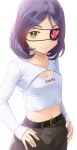  1girl belt breasts brown_eyes crop_top eyepatch hayasaka_mirei heart heart_eyepatch heibonkaeru highres idolmaster idolmaster_cinderella_girls looking_at_viewer multicolored_hair navel pants purple_hair red_hair short_hair shrug_(clothing) simple_background small_breasts smile solo two-tone_hair upper_body white_background 