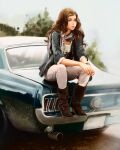  1girl blue_eyes boots bracelet brown_footwear brown_hair car denim denim_jacket ford ford_mustang highres ivan_talavera jacket jewelry long_hair looking_ahead motor_vehicle mouth_hold muscle_car on_vehicle original pants scarf shirt sitting solo stalk_in_mouth white_pants white_scarf white_shirt 