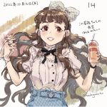  1girl bangs black_bow blue_skirt bow brown_hair cup dated drinking_straw floating_hair hachigamoto hair_behind_ear hair_bow holding holding_cup holding_hands idolmaster idolmaster_cinderella_girls kamiya_nao long_hair looking_at_viewer parted_lips pink_shirt plaid plaid_bow puffy_short_sleeves puffy_sleeves red_eyes shirt short_sleeves sketch skirt smile solo_focus very_long_hair white_bow 