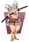  absurd_res breasts clothed clothing female hair hand_on_hip hi_res horn horned_humanoid humanoid katana melee_weapon not_furry nuclearwasabi solo sword teeth thick_thighs weapon white_hair 