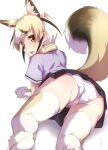  1girl absurdres animal_ears blonde_hair elbow_gloves extra_ears fox_ears fox_girl fox_tail gloves highres kemono_friends kemono_friends_3 looking_at_viewer looking_back nuruniku panties red_eyes rueppell&#039;s_fox_(kemono_friends) scarf shirt shoes short_hair simple_background skirt solo tail thighhighs underwear 