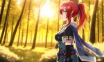  1girl belt blue_eyes blurry blurry_background day earrings elbow_gloves forest gloves gradient_hair highres jewelry long_hair minuma_h multicolored_hair nature outdoors pixiv_fantasia pixiv_fantasia_scepter_of_zeraldia pointy_ears ponytail profile red_hair sidelocks solo standing sunlight 