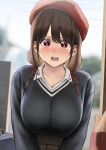  1girl 1other :o black_hair black_skirt black_sweater blurry blurry_background blush breasts brown_hair casual collarbone contemporary hair_ribbon highres izawa_(bhive003) kono_subarashii_sekai_ni_shukufuku_wo! large_breasts looking_at_viewer pov pov_hands red_eyes ribbon shirt skirt solo sweater sweater_tucked_in twintails upper_body v-neck white_shirt yunyun_(konosuba) 