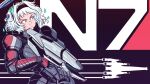  1girl black_background black_hairband energy_gun gloves green_eyes grey_gloves grey_hair gun hair_intakes hairband halo holding holding_gun holding_weapon jd_benefield kamishiro_rita mass_effect_(series) mechanical_halo n7_armor power_armor prism_project short_hair solo virtual_youtuber weapon 