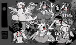 anthro avian bird bone character_name clothing crouching electronics grey_background greyscale hat headgear headphones headwear hi_res looking_at_viewer male monochrome musical_note overalls red_eyes simple_background sitting skull solo spot_color tobydoge