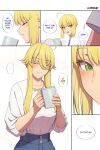  2girls ahoge artoria_pendragon_(fate) artoria_pendragon_(lancer)_(fate) bad_source blonde_hair braid breasts english_text fate/grand_order fate_(series) french_braid green_eyes highres large_breasts long_hair lvl_(sentrythe2310) multiple_girls saber_(fate) sidelocks speech_bubble 