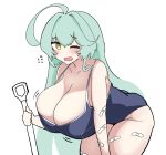  ahoge bandaid blue_archive blush breasts character_request green_hair highres holding holding_shovel huge_breasts long_hair looking_at_viewer one-piece_swimsuit one_eye_closed sae_art shovel swimsuit thick_thighs thighs yellow_eyes 