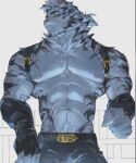  1boy abs animal_ears arknights bara belt black_belt black_gloves black_pants blue_eyes chest_harness claws commentary fingerless_gloves furry furry_male gloves harness looking_to_the_side male_focus mountain_(arknights) multiple_scars muscular muscular_male pants pectorals ponytail sample_watermark scar scar_across_eye scar_on_arm scar_on_shoulder scar_on_stomach symbol-only_commentary tiger_boy tiger_ears tiger_stripes topless_male watermark williamschan 