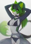  anthro bra clothed clothing felid female glistening glistening_eyes green_body green_eyes green_hair green_inner_ear green_nose grey_body grey_bra grey_clothing grey_hair grey_legwear grey_panties grey_underwear hair hand_behind_head hi_res legwear looking_at_viewer mammal multicolored_hair panties post shermugi simple_background skimpy smile solo tail_tuft trix_(trix) tuft two_tone_hair underwear unsigned white_background white_body 