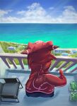  2022 anthro bandai_namco beach blue_sky building butt chair clothed clothing cloud day digimon digimon_(species) furgonomics furniture plant raised_tail red_clothing seaside shoru sky solo tail_aside tree veemon water 