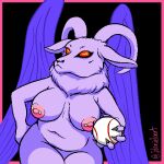 ball baphomet_(deity) baseball_(ball) bovid caprine caprine_demon chubby_belly deity demon erect_nipples female goat_demon holding_object horn jdanieloart junko looking_at_viewer mammal neck_tuft nipple_piercing nipples nude piercing purple_body simple_background solo tuft wings