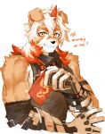 1_horn anthro arknights biped canid canine canis clothing countershade_fur countershading domestic_dog floppy_ears fur gloves handwear haru41113 hi_res horn hung_(arknights) hypergryph looking_at_viewer male mammal muscular muscular_anthro muscular_male orange_body orange_fur red_envelope smile solo studio_montagne white_body white_countershading white_fur yellow_eyes