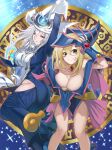  2girls arm_up bare_shoulders blonde_hair blue_footwear blue_headwear blush_stickers boots breasts choker cleavage dark_magician_girl dress duel_monster gloves green_eyes grey_hair hair_between_eyes hat highres hip_vent holding holding_staff large_breasts long_hair looking_at_viewer multiple_girls pentacle purple_eyes silent_magician smile staff white_gloves witch_hat wizard_hat yappen yu-gi-oh! 