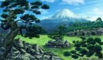  aki_(f1zakurod) blue_sky cave cloud copyright_notice grass mountain mountainous_horizon nature niberungen_senki no_humans official_art outdoors rock scenery sky tree 