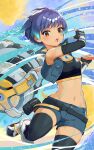  1girl 3balkan blue_hair breasts brown_eyes chest_jewel fiery_hair glowing_lines hammer highres holding holding_hammer leggings navel sena_(xenoblade) shoulder_strap small_breasts solo sports_bra xenoblade_chronicles_(series) xenoblade_chronicles_3 