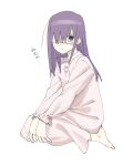  1girl @_@ bad_id bad_twitter_id buttons character_request closed_mouth copyright_request eyepatch feet frown highres long_hair long_sleeves pajamas purple_eyes purple_hair simple_background sitting solo wariza white_background xxxsoiu1 