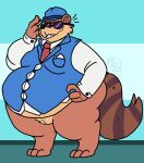 2024 anthro belly big_belly brown_body clothing eyewear hi_res male mammal mo_(undertale_yellow) necktie obese obese_male overweight overweight_male procyonid raccoon shirt simple_background solo sunglasses the_vaporwave_tapir topwear undertale_yellow