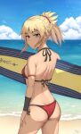  1girl absurdres ass bikini blonde_hair blue_sky braid breasts cloud day fate/grand_order fate_(series) french_braid green_eyes hair_ornament hair_scrunchie highres holding holding_surfboard mordred_(fate) mordred_(swimsuit_rider)_(fate) mordred_(swimsuit_rider)_(first_ascension)_(fate) ocean outdoors ponytail prydwen_(fate) red_bikini red_scrunchie reinaz scrunchie side-tie_bikini_bottom sky small_breasts solo standing string_bikini surfboard swimsuit 