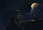 anthro atmospheric back_to_back blue_eyes clothing cloud digital_media_(artwork) digital_painting_(artwork) equid equine female green_eyes guitar hi_res hooves lizard male mammal moon musical_instrument night playing_music plucked_string_instrument ponynok reptile rooftop scalie singing skjavr_(oc) star string_instrument sweater tail topwear