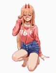  +_+ 1girl absurdres blonde_hair blush chainsaw_man cross-shaped_pupils demon_girl demon_horns glasses highres horns long_hair long_sleeves monster_girl no_shoes orange_eyes pink_skirt power_(chainsaw_man) red_horns shiren_(ourboy83) shorts skirt solo 