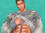  1boy abs aqua_background bara black_hair clothes_lift facial_hair golden_kamuy grey_sweater large_pectorals long_sideburns male_focus muscular muscular_male navel nopinzo pectorals scar scar_on_cheek scar_on_face short_hair sideburns simple_background solo sweater sweater_lift tanigaki_genjirou 