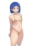  1girl arms_behind_back bikini blue_hair breasts clenched_hand cropped_legs freckles highres looking_at_viewer navel original short_hair simple_background small_breasts smile solo standing swimsuit ultimate_pigman white_background yellow_bikini 