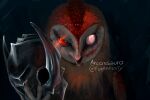 arcossauro armor avian barn_owl bird black_background blind_eye blood bodily_fluids claws feathers feral guardians_of_ga&#039;hoole headgear helmet kludd looking_at_viewer male masked_owl owl red_eyes scar simple_background solo toe_claws tytonid