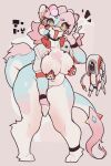 anthro big_breasts blue_body blue_fur blue_pupils bovid breasts caprine curved_horn female fur gesture glistening glistening_body goat hair hi_res horn long_tail looking_at_viewer machine mammal pasties pink_background pink_body pink_fur pink_hair pupils robot simple_background slightly_chubby smile solo tail thick_thighs tobydoge tongue tongue_out v_sign white_body white_fur wide_hips yellow_eyes