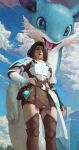  1girl armor avatar_(palworld) blue_sky boots brown_eyes brown_footwear brown_hair chillet cloud creature day hand_on_own_hip highres outdoors palworld pelvic_curtain shoulder_armor sky thigh_boots xianggang_jizhe 