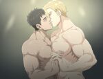  2boys ao_isami bara bisen_(mirion_ray) black_hair blonde_hair couple highres holding_hands large_pectorals lewis_smith looking_at_another male_focus multiple_boys muscular muscular_male nipples pectorals short_hair simple_background upper_body yaoi yuuki_bakuhatsu_bang_bravern 