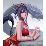  1girl arknights bare_arms bare_shoulders blue_hair breasts ch&#039;en_(ageless_afterglow)_(arknights) ch&#039;en_(arknights) china_dress chinese_clothes cleavage commentary dragon dragon_horns dragon_tail dress eastern_dragon hair_bun highres horns long_hair notgustiarp official_alternate_costume red_dress red_eyes sleeveless sleeveless_dress solo tail upper_body 