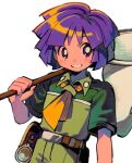  1boy belt belt_buckle belt_pouch bright_pupils brown_belt buckle bugsy_(pokemon) butterfly_net collared_shirt green_shirt green_shorts hand_net happy holding holding_butterfly_net light_blush magnifying_glass neckerchief ok_ko19 on_shoulder pokemon pokemon_hgss pouch purple_eyes purple_hair shirt short_sleeves shorts smile upper_body white_background yellow_neckerchief 