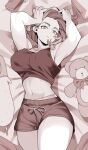  1girl absurdres black_shorts boku_no_hero_academia breasts greyscale highres koyap lady_nagant large_breasts lying midriff monochrome navel on_back on_bed pillow short_hair shorts slit_pupils solo stuffed_animal stuffed_toy tank_top teddy_bear thick_thighs thighs wallet 