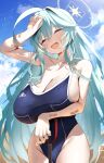 1girl abydos_high_school_swimsuit ahoge bandaid bare_arms bare_legs bare_shoulders black_one-piece_swimsuit blue_archive blush breasts cleavage closed_eyes commentary cowboy_shot day green_hair groin highres huge_ahoge huge_breasts long_hair nidaime_(doronbo) one-piece_swimsuit open_mouth outdoors school_swimsuit solo sweat swimsuit symbol-only_commentary yume_(blue_archive) 