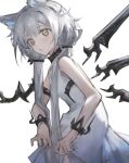  1girl a216953341 animal_ear_fluff animal_ears arknights bare_shoulders blush cat_ears closed_mouth commentary_request dress green_eyes grey_hair hair_over_shoulder highres long_hair looking_at_viewer low_twintails rosmontis_(arknights) simple_background sleeveless sleeveless_dress solo sweat twintails very_long_hair white_background white_dress 