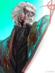  1boy blood blood_on_clothes blood_on_face blue_coat blue_eyes cannibalinhell coat devil_may_cry_(series) devil_may_cry_3 hair_slicked_back looking_at_viewer male_focus solo vergil_(devil_may_cry) white_hair 