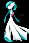  1girl alternate_color bangs black_background blue_hair blue_skin bob_cut closed_mouth colored_skin commentary expressionless flat_chest full_body gardevoir highres looking_at_viewer multicolored_skin pokedex_number pokemon pokemon_(creature) red_eyes rve shiny_pokemon short_hair simple_background solo standing two-tone_skin white_skin 