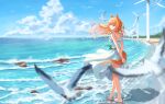  1girl absurdres alternate_costume animal_ears arms_behind_back ayloss barefoot beach bird blue_sky blurry cloud cumulonimbus_cloud depth_of_field dress english_commentary full_body highres holding holding_clothes holding_footwear horse_ears horse_girl horse_tail long_hair looking_at_viewer looking_back ocean open_mouth orange_hair outdoors seagull shoes silence_suzuka_(umamusume) sky sleeveless sleeveless_dress solo standing sundress tail umamusume unworn_shoes wading white_dress wind_turbine 